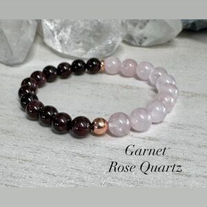 Garnet and Rose Quartz Beaded Gemstone Stretch Bracelet with Rose Gold Accent